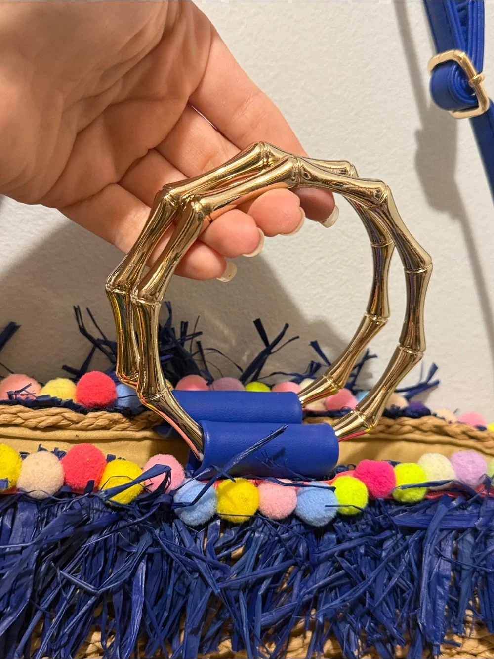 Out of Office Vacation Navy Trim Straw Shoulder Tote Gold Ring Handle